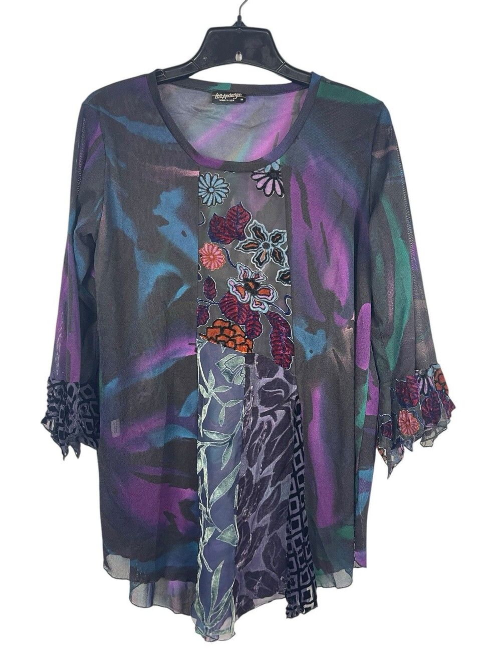 Lee Andersen Sheer Mesh Velvet Burnout Floral Embroidered Top M Bell Sleeves VTG